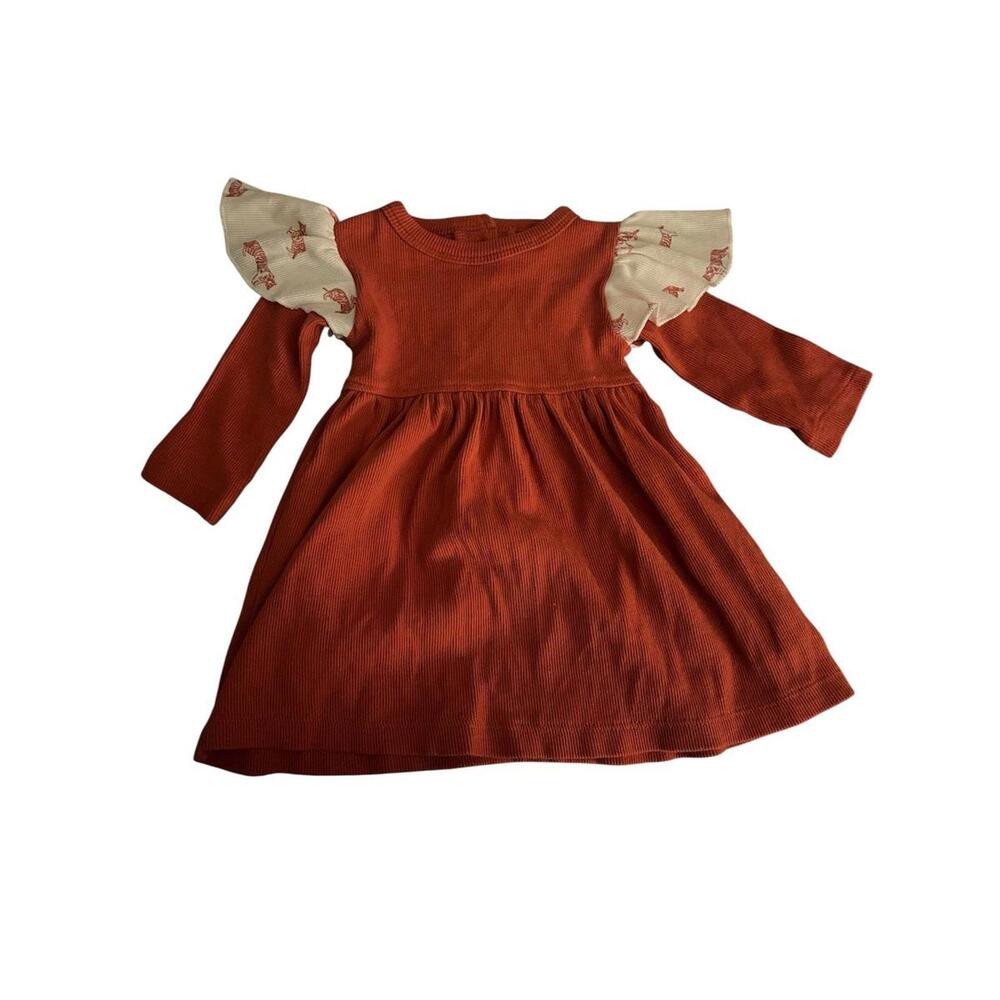 Kate Quinn Rust Empire Dress w/ Tiger Ruffle Sleeves | Baby Toddler- 6-12mo